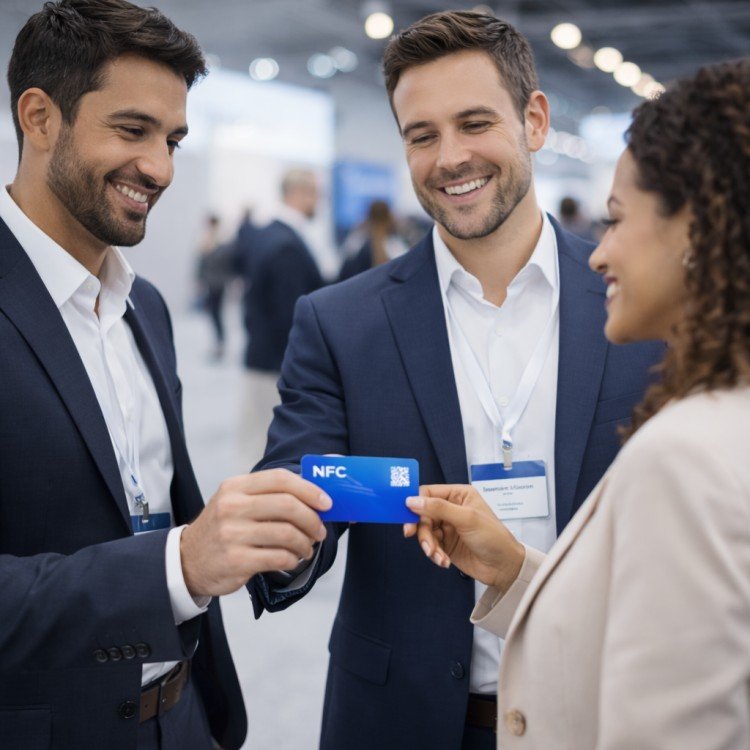 Conference networking scene with professionals sharing NFC business cards