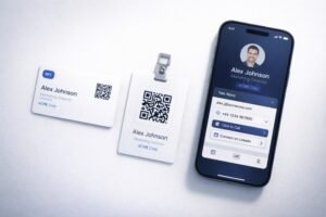 NFC and QR digital business cards for teams displayed on smartphone