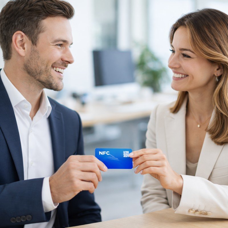 Professionals exchanging NFC business cards during a business meeting